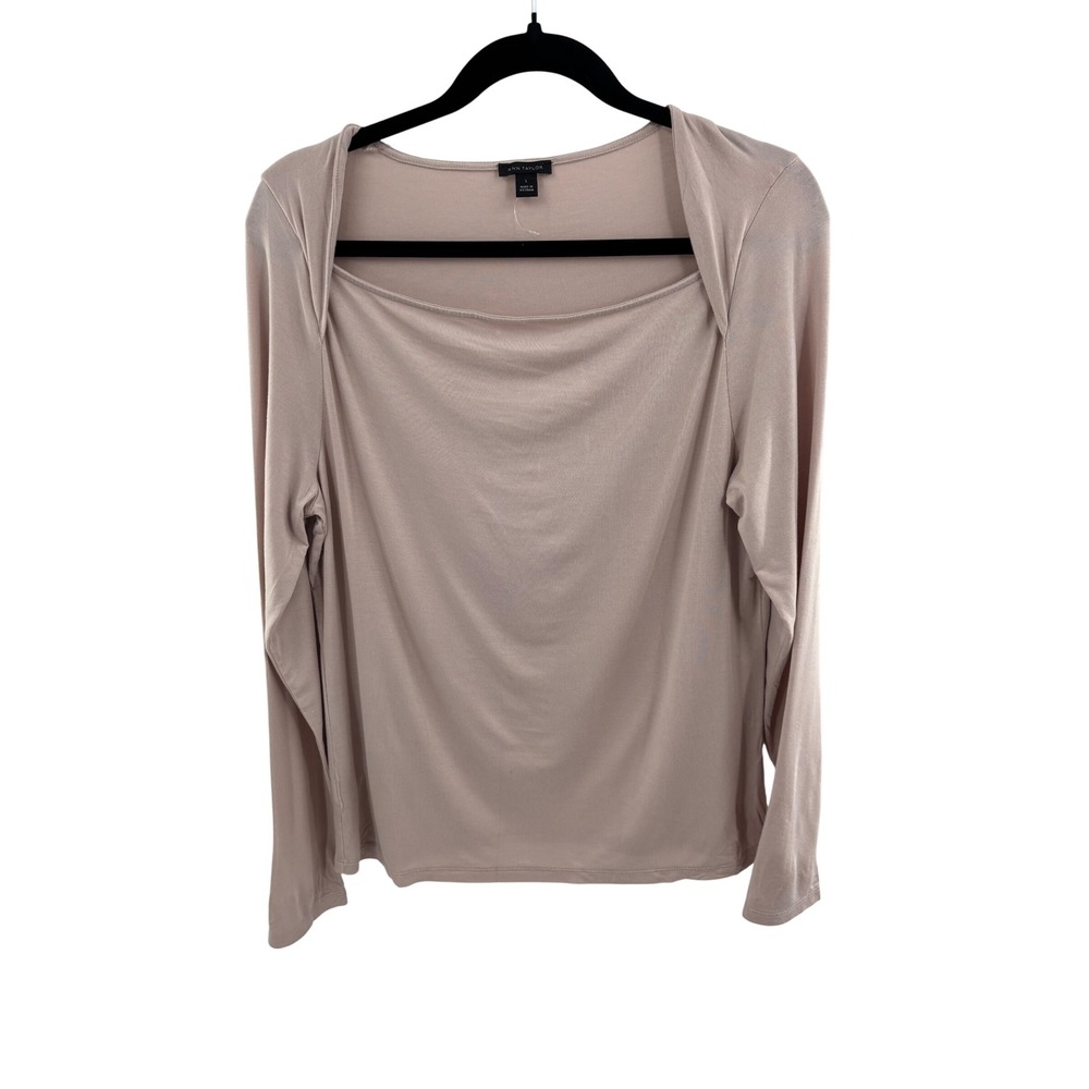 Ann Taylor Womens Square Neck Long Sleeve Modal Blend Top Mauve Taupe Large